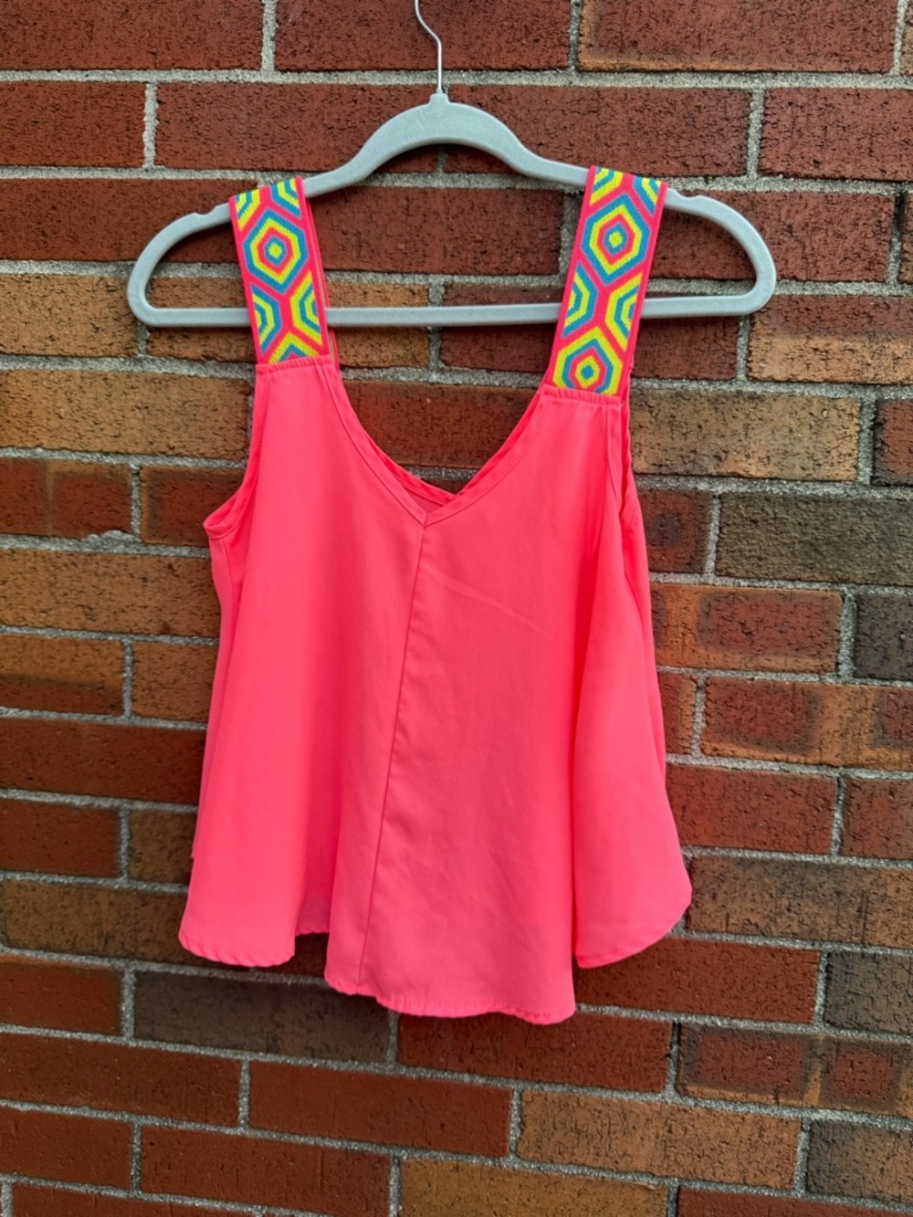 Bella D Neon Pink Boho Tank Top Colorful Strap Sleeveless Flowy Blouse Size S